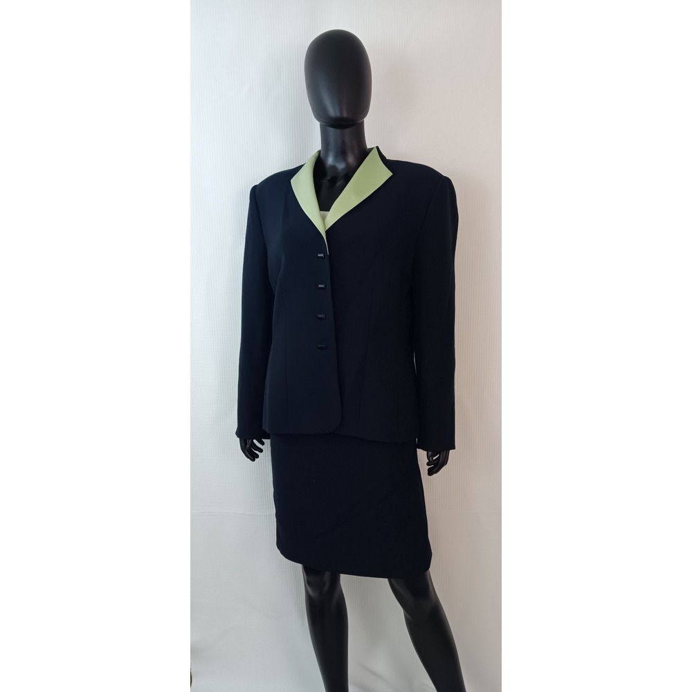 Kasper ASL Womens Skirt Suit Set Navy Blue Lime Green Trim Size 16 Blazer Skirt